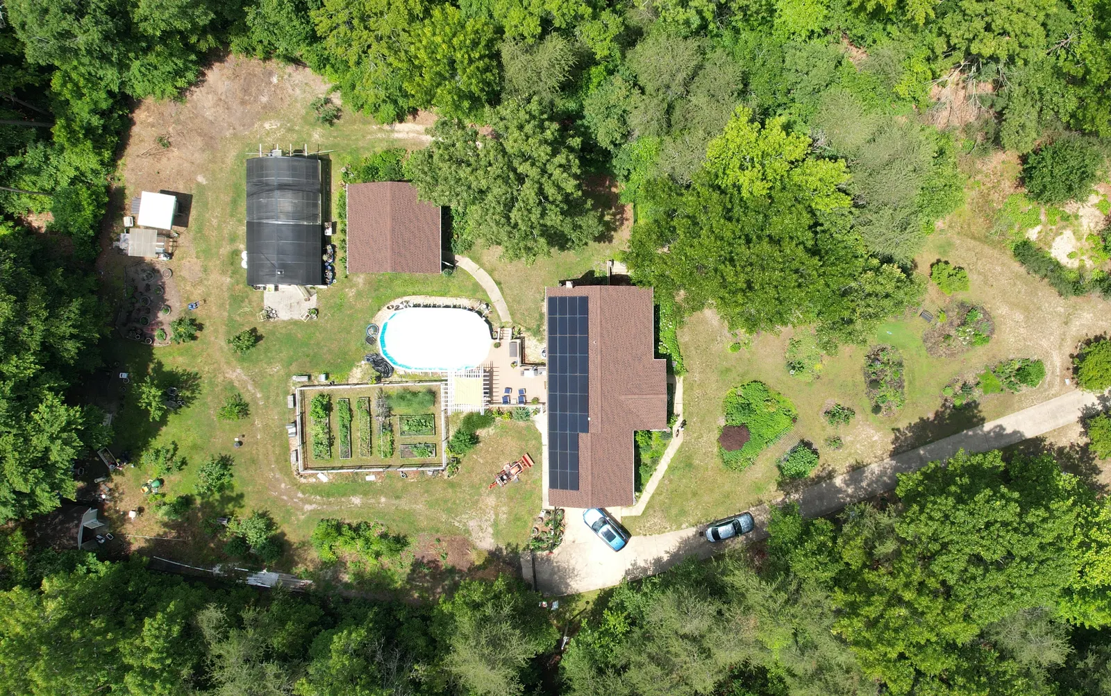 Montgomery Homestead, top-down drone image — Under One Sun agriculture