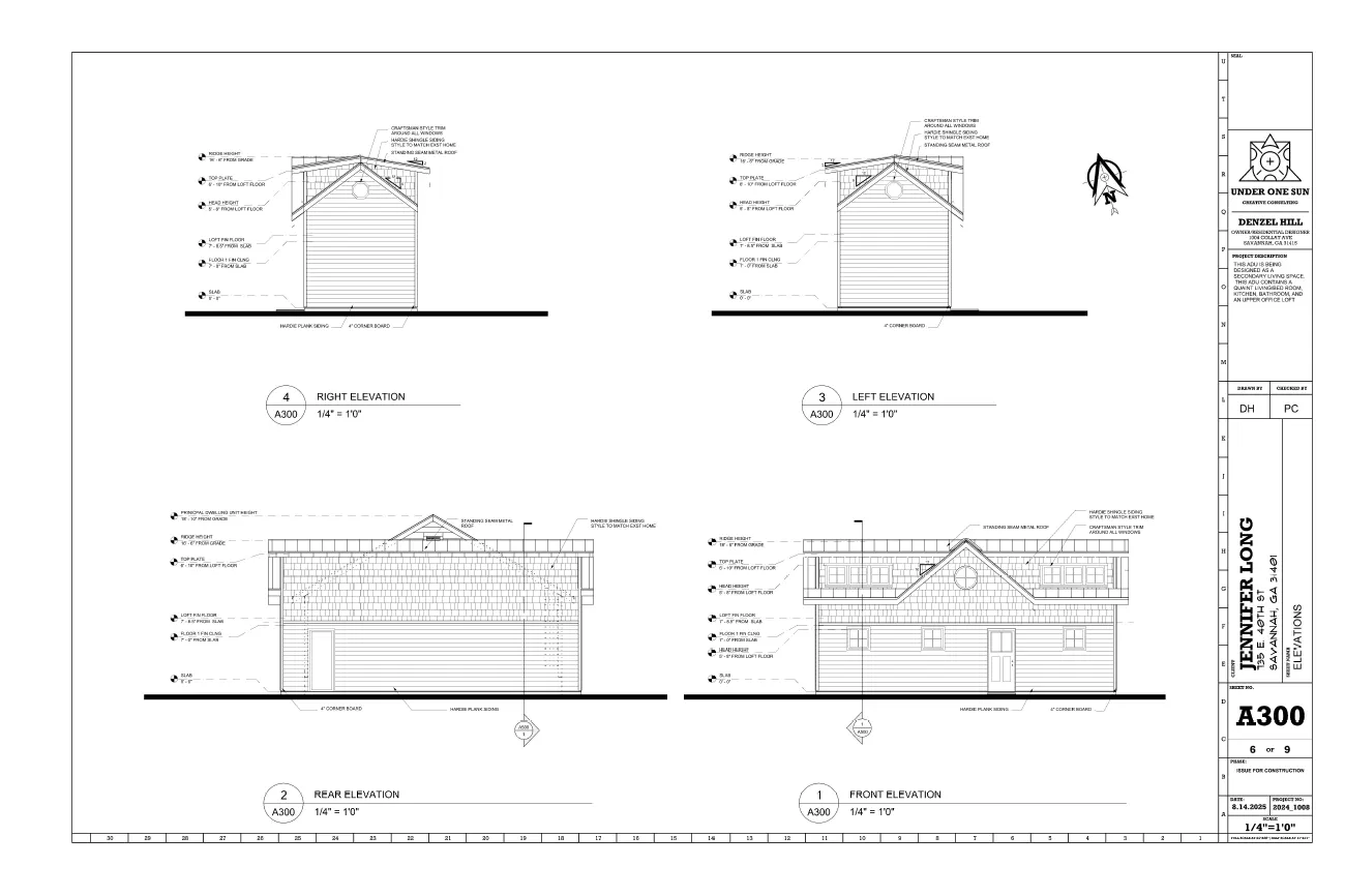 Jlong ADU elevations drawing — Under One Sun residential design