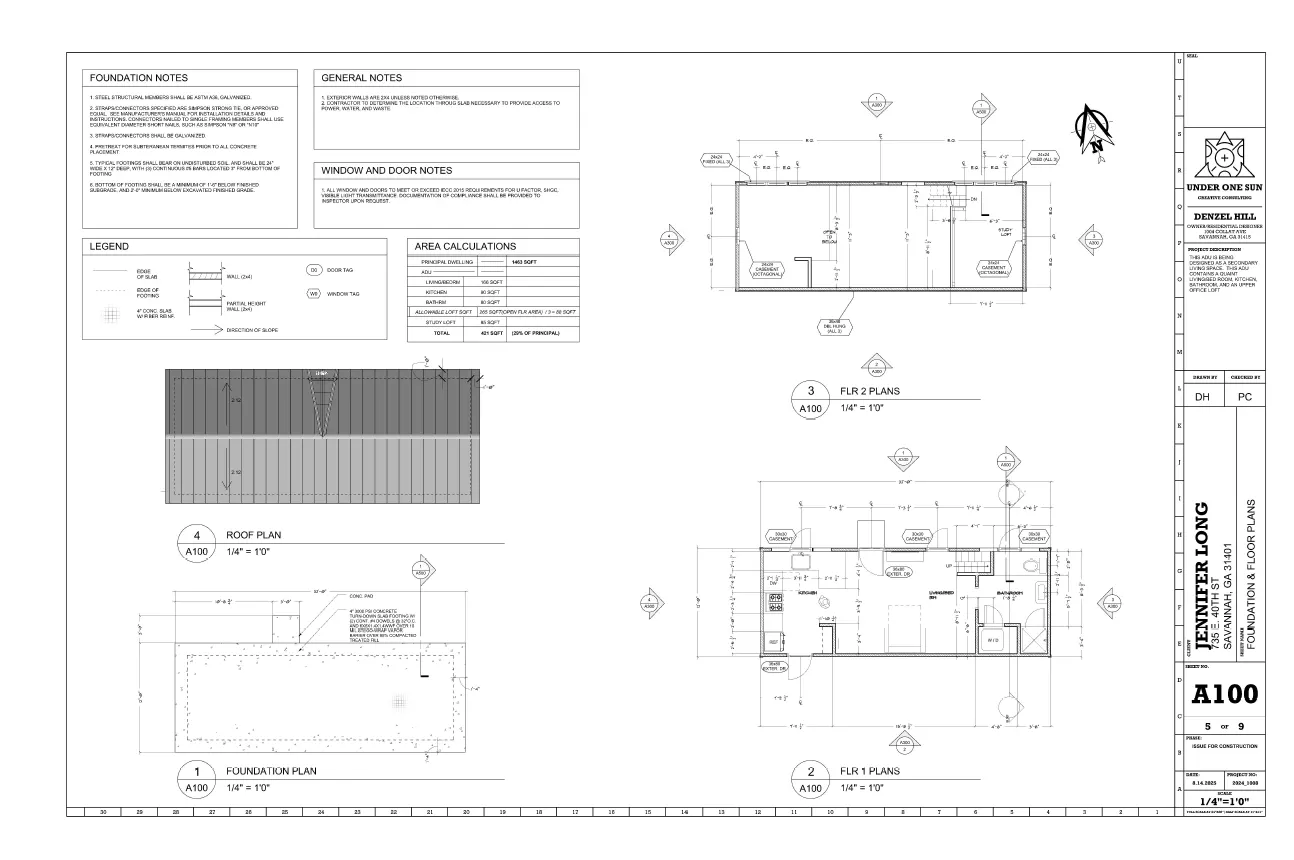 Jlong plans: roof, floor, and foundation — Under One Sun residential design